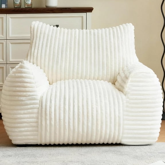 Premium Beige Bean Bag Chair for Adults with Armrest- Ultra Plush Memory Foam Lounge Sofa & Reading Nook Chair for Bedroom, Living Room & Dorm (White, Without Pedals)