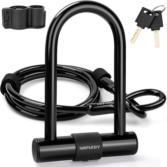 Premium Bike Lock Set with 2 Keys, Bike U-Lock with 6 Feet Thickened Solid Steel Cable, Heavy Duty Anti Theft Bicycle U-Lock with Mounting Bracket for Road, Mountain, Folding Bike and Scooter