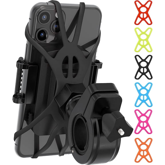 Premium Bike Phone Mount Holder | Universal Cell for 4"-7" Phones Includes 6 Reusable Color Bands Tool Free Handlebar Bicycle, Motorcycle, Electric Scooter, ATV