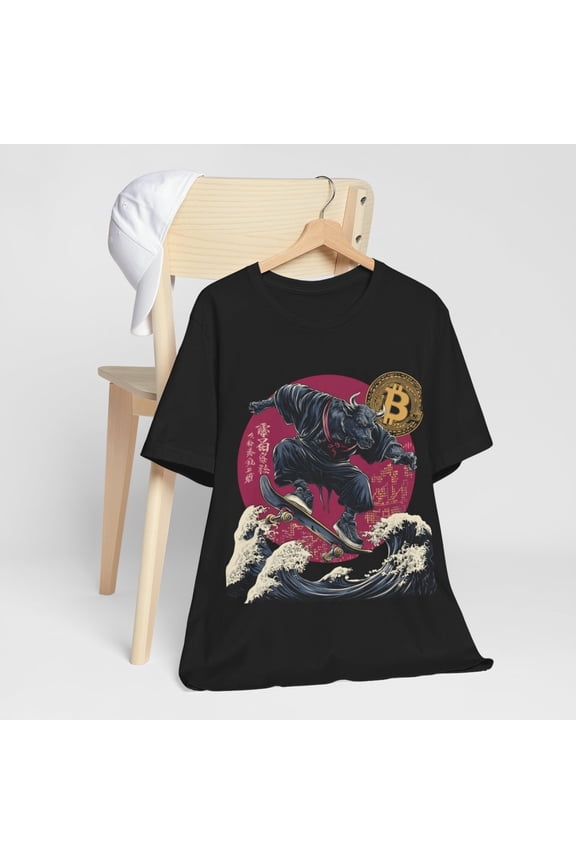 Premium Bitcoin Unisex T-Shirt Skater Bull Wave Red Sun Crypto Streetwear Tee