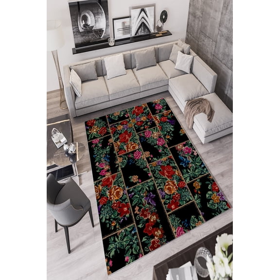 Premium Black Area Rug (5.9 x 9.2 ft), 100% Polyester, 650 g/m | 4 mm Pile Height, Antibacterial, Eco-Friendly, Non-Slip PVC Dot Backing | Machine Washable, Digital Print Design |