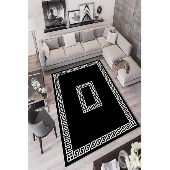 Premium Black Area Rug (5.9 x 9.2 ft), 100% Polyester, 650 g/m | 4 mm Pile Height, Antibacterial, Eco-Friendly, Non-Slip PVC Dot Backing | Machine Washable, Digital Print Design |