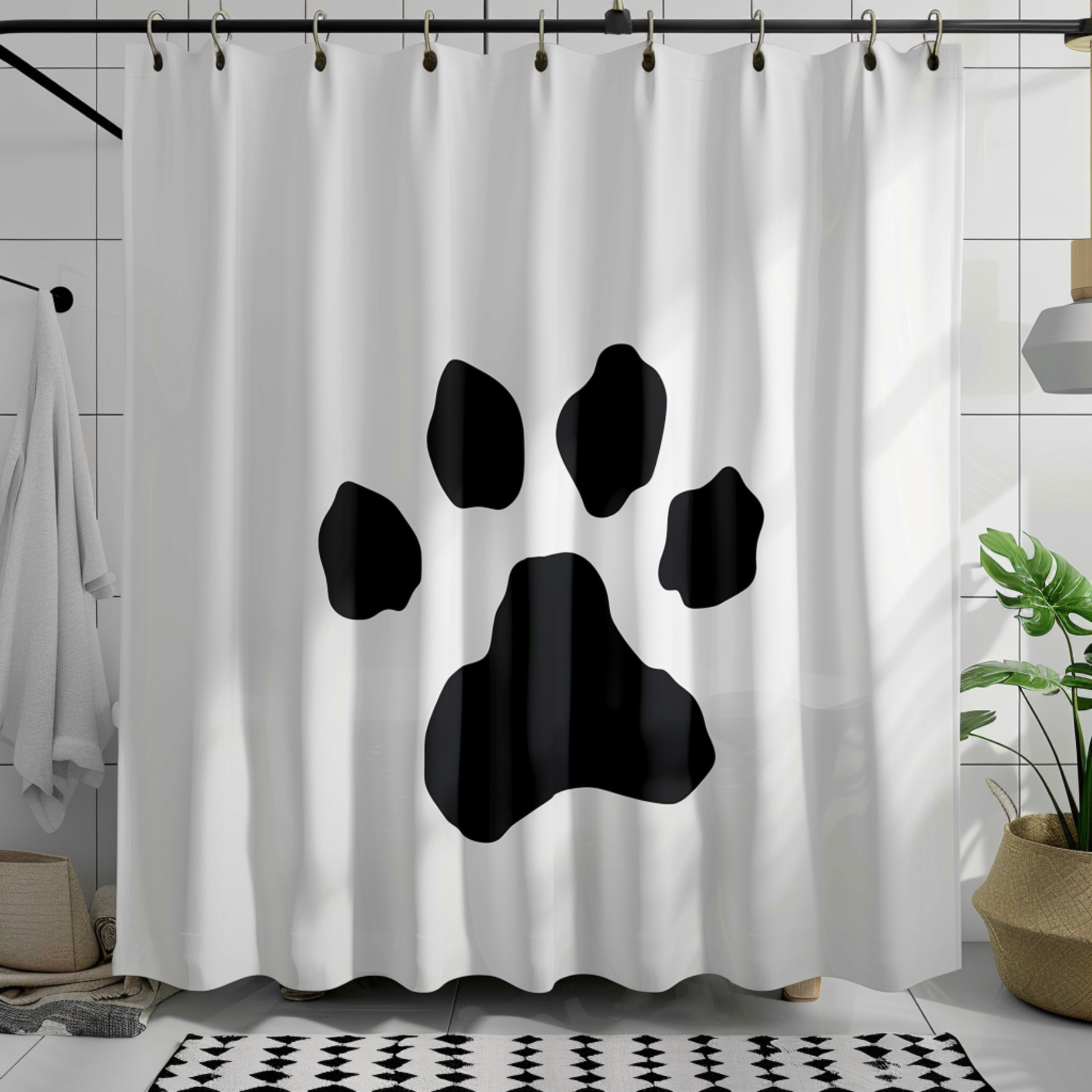 Premium Black Dog Paw Print Shower Curtain Stylish Bathroom Curtain
