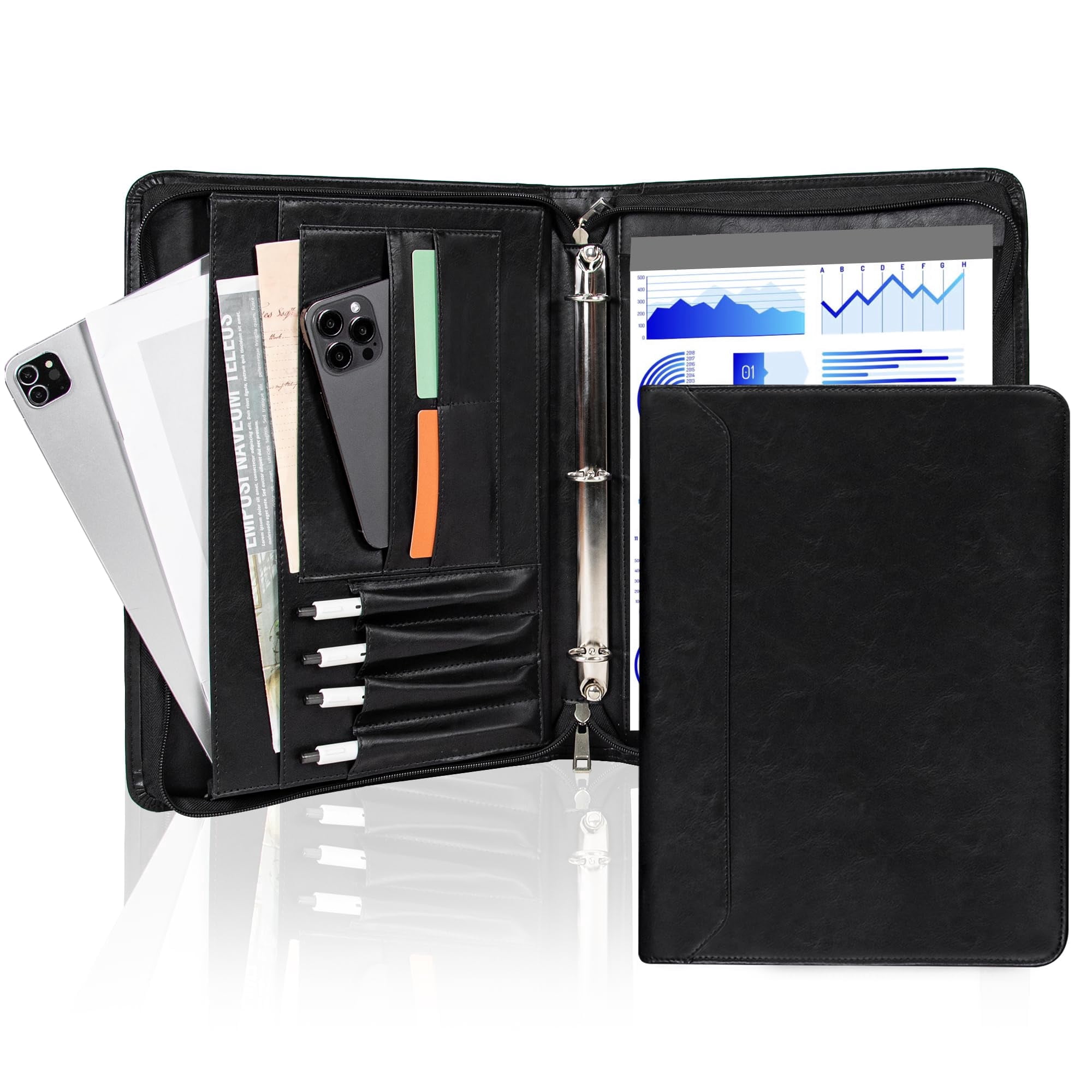 Premium Black Leather Business Binder – A4 Organizer with Pen Slots, Phone Holder & Multiple File Pockets – Perfect for Office, Meetings & Professionals