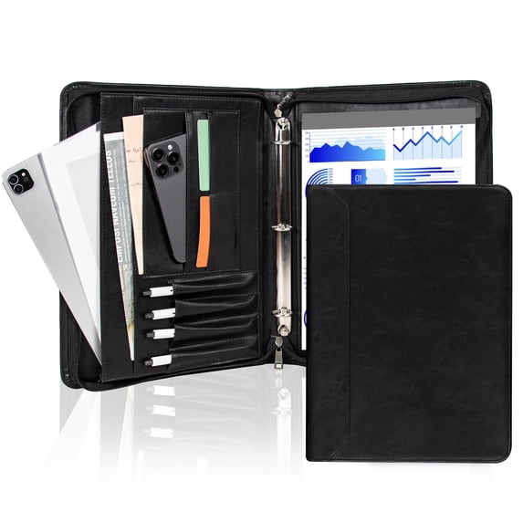 Premium Black Leather Business Binder – A4 Organizer with Pen Slots, Phone Holder & Multiple File Pockets – Perfect for Office, Meetings & Professionals