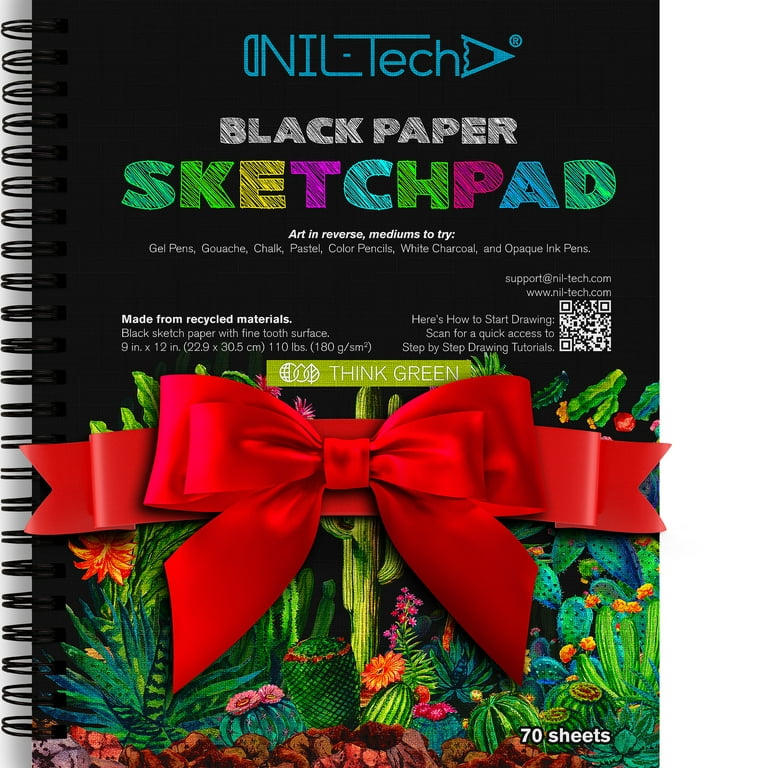 70 Sheets Premium Black Paper Sketchbook - 9 x 12 Inches (110 lb/180 GSM)  Spiral Bound Black Drawing Mixed Media Paper for Gel Pens, Color Pencils,  Chalk, Oil Pastels, and Glow in