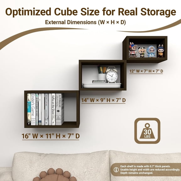 Premium Black Walnut Floating Cube Shelves, -Friendly Wood Box-Style Wall Storage Display Set of 3 — Pre-Assembled, Ready to Use, Modern Decorative Wall Shelf Units for Living Room, Bedroom & Office