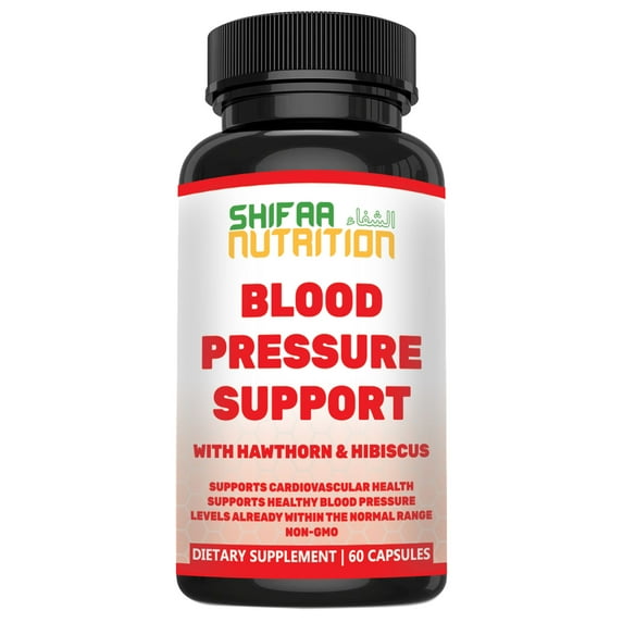 Premium Blood Pressure Support Supplement by SHIFAA NUTRITION | Cholesterol , Circulatory, Stress, Anxiety & Heart Health Support | With Hawthorne, Uva Ursi & Garlic | NON-GMO | HALAL | 60 Servings