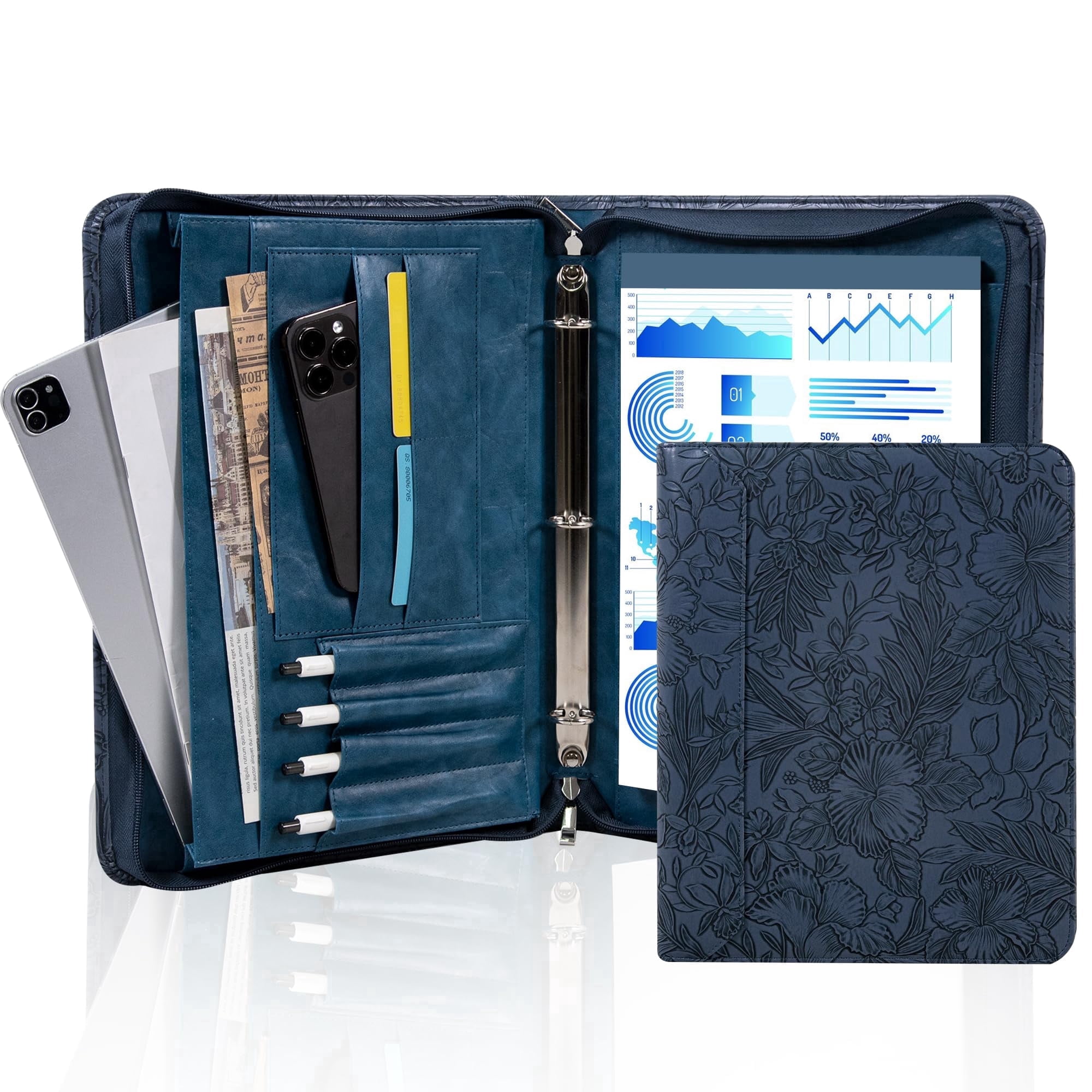 Premium Blue Floral Leather Business Binder – A4 Organizer with Pen Slots, Phone Holder & Multiple File Pockets – Perfect for Office, Meetings & Professionals