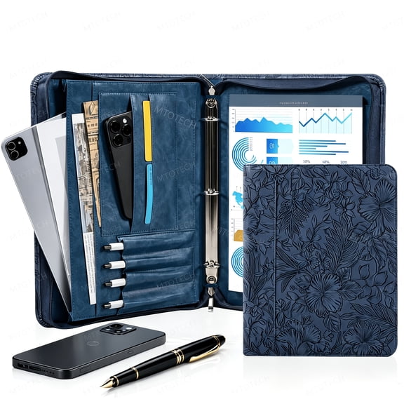 Premium Blue Floral Leather Business Binder A4 Organizer with Pen Slots, Phone Holder & Multiple File Pockets Perfect for Office, Meetings & Professionals