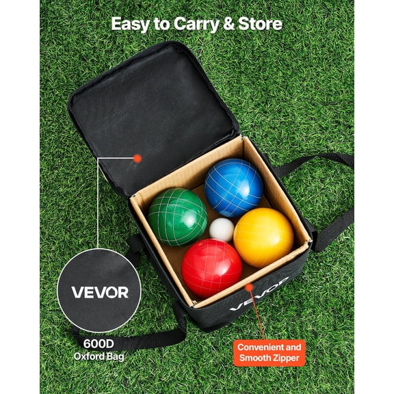 Premium Bocce Ball Game with Carry Bag - 90mm 4-Color Resin Balls, Pallino & Measuring Rope for Lawn, Beach & Backyard