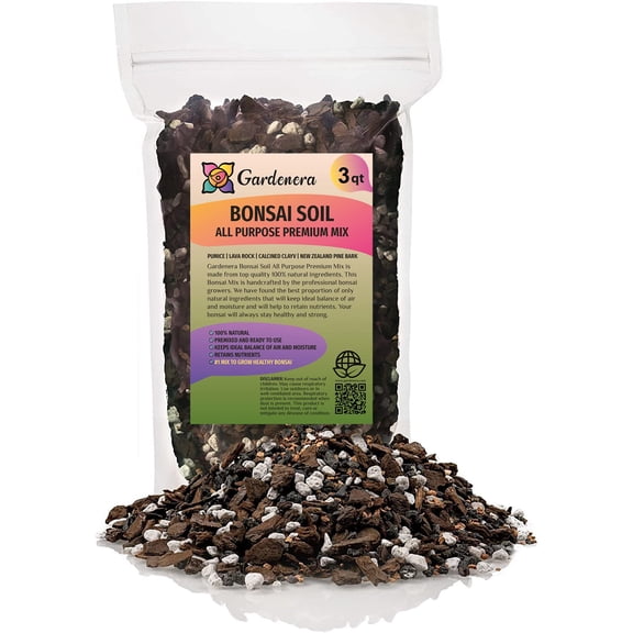 Premium Bonsai Soil All Purpose Fast Draining Mix - Pumice, Lava, Calcined Clay and Pine Bark Potting Pre Mixed Bonsai Plant Soil Mixture by Gardenera Labs - Made in USA - (3 Quart Bag)