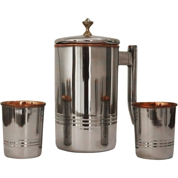 Premium Bottom Lining with Brass Knob Pitcher & 2 Tumblers for Ayurveda (57.48 fl oz)