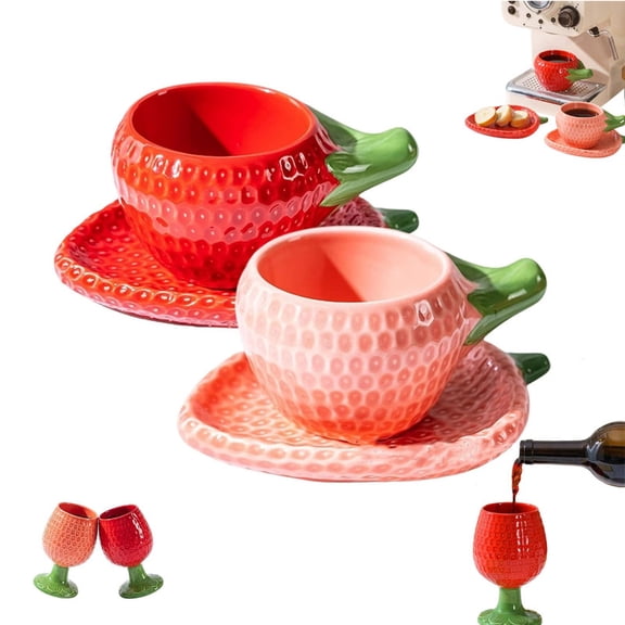 Premium Boutique Unique Strawberry Shape Goblet & Coffee Mug Set, Cute Ceramic Wine Glasses for Couples Gift, Creative Fruit Tea Cup Drinkware for Wedding Anniversary Birthday
