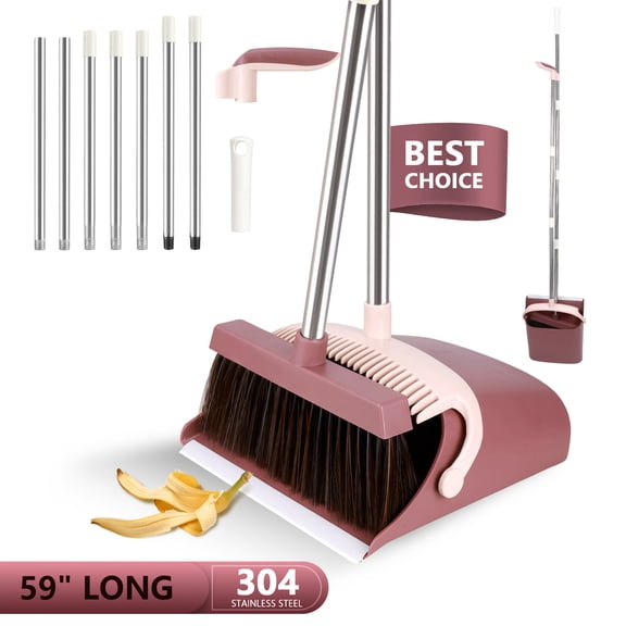HOOFUN Broom with Dustpan Combo Set, 59" Long Adjustable Handle Broom Dustpan Combo with Dustpan Teeth to Automatically Clean Hair Suitable for Home Kitchen Office Hall Floor (Purple)