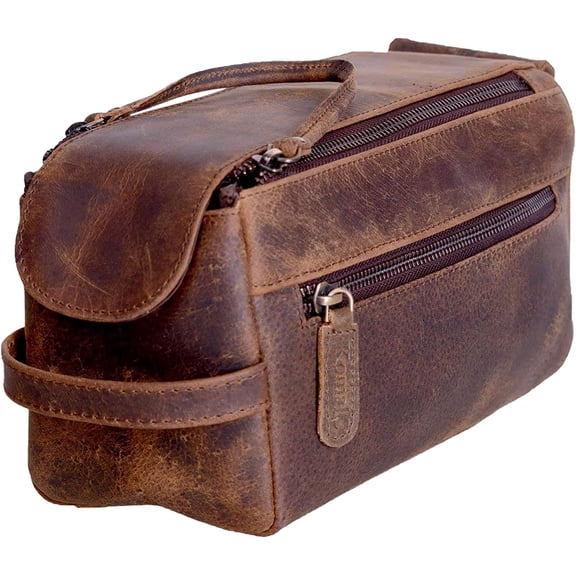 Premium Buffalo Leather Toiletry Bag for Men & Women With Water resistant Lining, Grooming Travel Pouch, Unisex Wash Bag for Toiletries, Gifts for Men and Women
