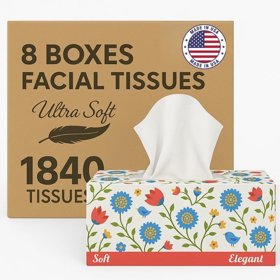 Premium Bulk Tissues, 8 Tissue Boxes of 230 Count Tissues, 2-Ply Soft Facial Tissues for Offices or School, Made in the USA, 1840 Total Count Bulk Face & Nose Tissue Paper for Home