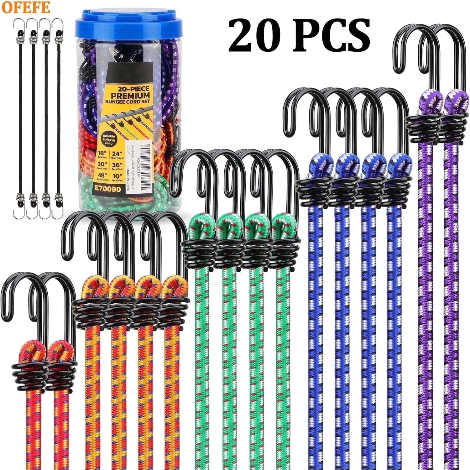 OFEFE Premium Bungee Cords Heavy Duty - 20 Pcs Bungee Cords with Hooks in a Storage Jar Includes 10", 18", 24", 30", 36", 48" Bungie Bundle