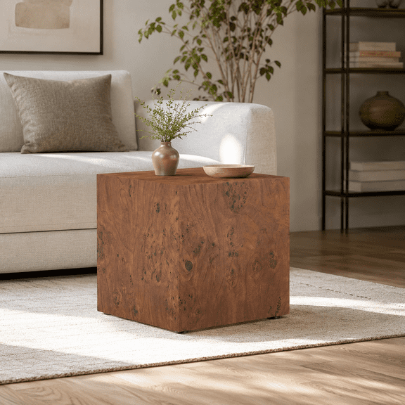 Premium Burl Walnut Veneer MDF Cube Table, Height Adjustable Multi-purpose Coffee Side End Table for Living Room, 15.7"15.7"15.7", No Extra Items Included