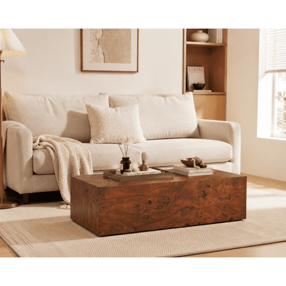 Premium Burl Walnut Veneer MDF Cube Table, Height Adjustable Multi-purpose Coffee Side End Table for Living Room, 39.4"×21.7"×11.8", No Extra Items Included