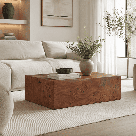 Premium Burl Walnut Veneer MDF Cube Table, Height Adjustable Multi-purpose Coffee Side End Table for Living Room, 39.4"21.7"11.8", No Extra Items Included
