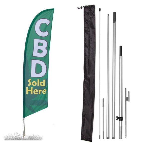 Premium CBD Feather Flag Kit - Includes 13ft Sectional Aviation Grade Fiberglass Poles, CBD Flag, Ground Spike Pole Sleeve Bag