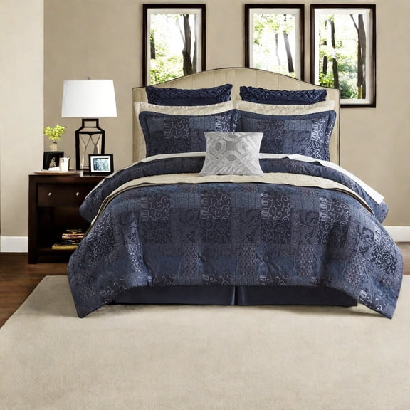 Premium Cal King Bedding Set Polyester Chenille Jacquard Design Navy Luxury Comforter for Home