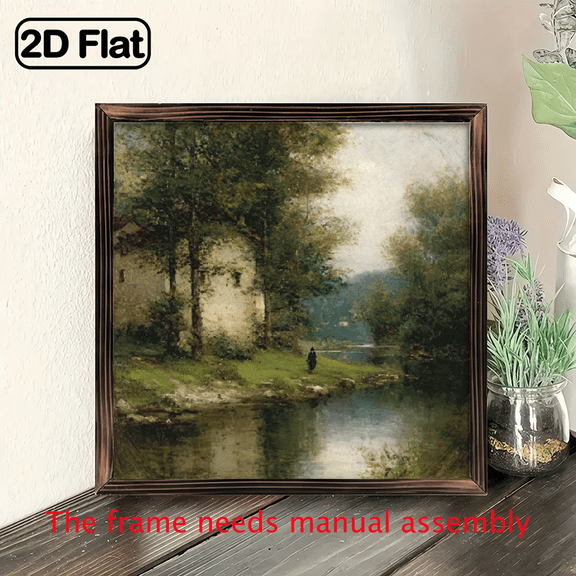 Premium Canvas Art with Wooden Framing - Elegant Old House Trees Wall Decor, Serene Forest Scene for Living Room, Bedroom, Home Office, Kitchen, Classroom.wooden board painting