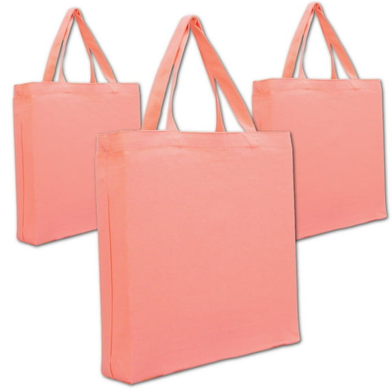 Premium Canvas Tote Bags | Pack of 3 | Several Color Options | Heavy Duty 100% Cotton With Handles Holds up to 40lbs | Eco Friendly | Large Size 14.5x17x3" - Coral