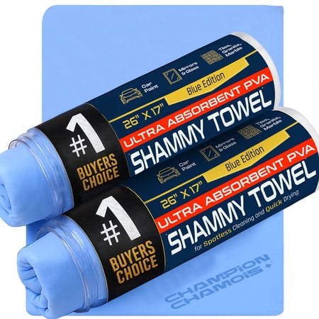Champion Chamois Absorbent Car Drying Towel, PVA Shammy, 26 x 17 in, 2 Pack, Blue