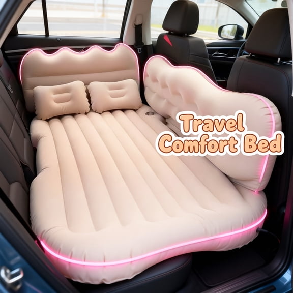 Premium Car Inflatable Mattress in Black & Beige, PVC Flocking Surface, Foldable & Portable, Comes with Air Pump, Storage Bag, 2 Pillows & Support Blocks, Fits RV, Truck & Car Back Seat
