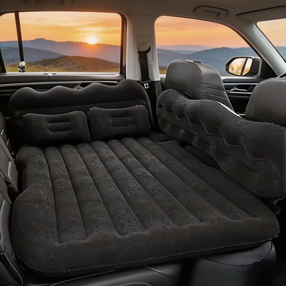 Premium Car Inflatable Mattress in Black & Beige, PVC Flocking Surface, Foldable & Portable, Comes with Air Pump, Storage Bag, 2 Pillows & Support Blocks, Fits RV, Truck & Car Back Seat