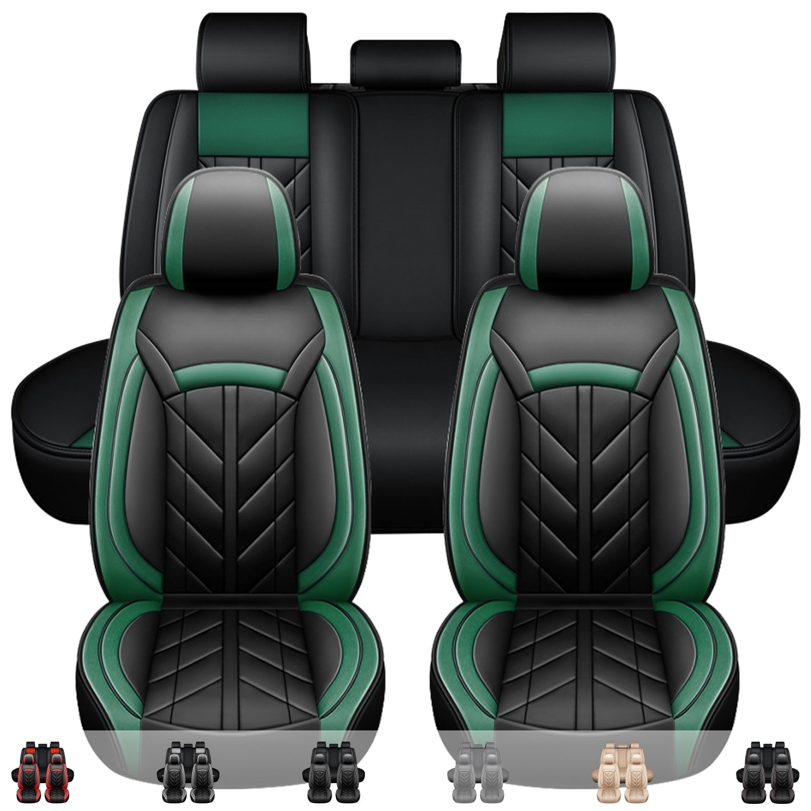Premium Car Seat Cover for Chevrolet 5 Seats Sedans SUVs Trucks, Durable Pu Leather Seat Cushion Protector, Front Rear Full Set Black+Green