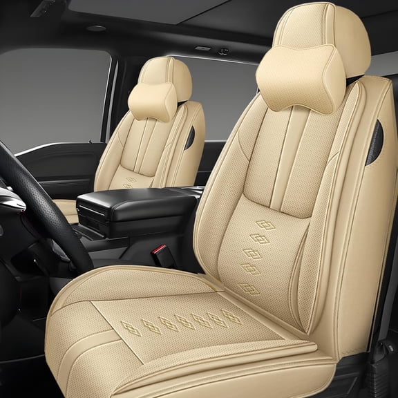 Premium Car Seat Covers for Ford 99% Car Models,Breathable Leather Seat Covers for Ford,Waterproof Anti-slip Car Seats Cushions for 2 Seats(Beige,Pillows)