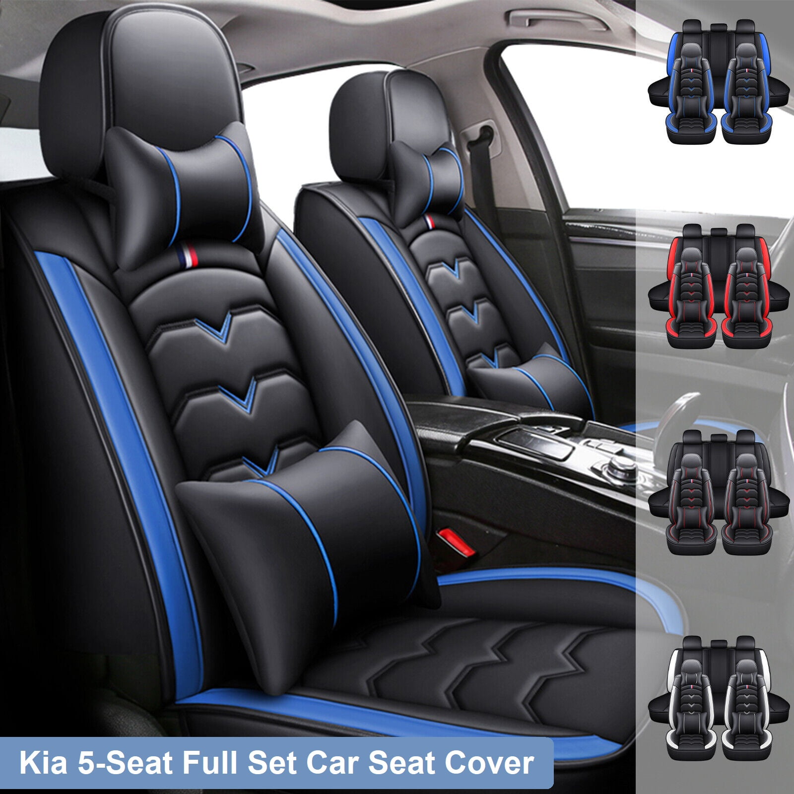 For Kia 5 Seats Car Seat Covers Waterproof Leather Front Rear Seat Protector with Pillow for Stinger Forte Niro Soul Optima Sportage Black Red