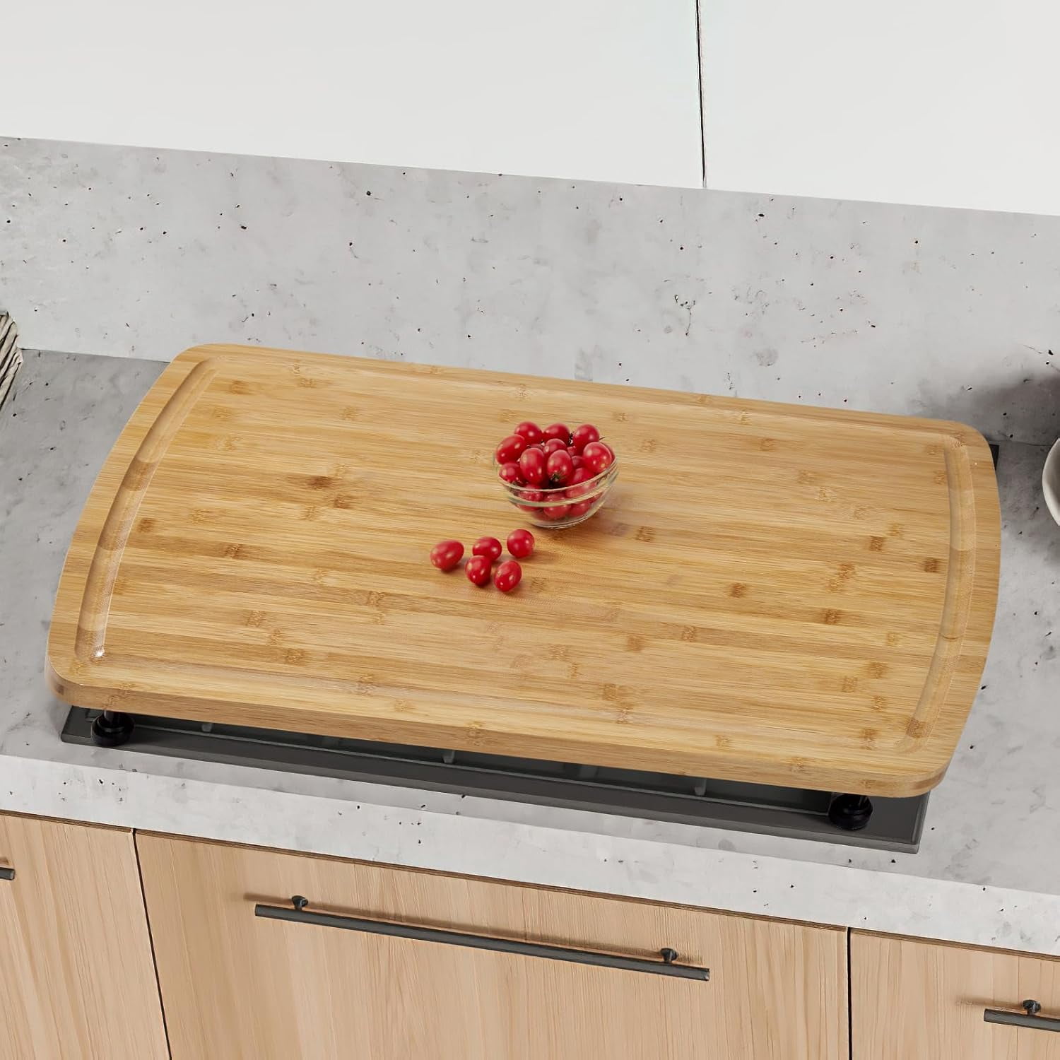 Premium Carbonized Bamboo Stove Cover & Cutting Board Set, 30"x20" & 32"x21" Options w/Removable Feet, Juice Groove, Multi-Functional Kitchen Solution for RV, Camping & Small Spaces