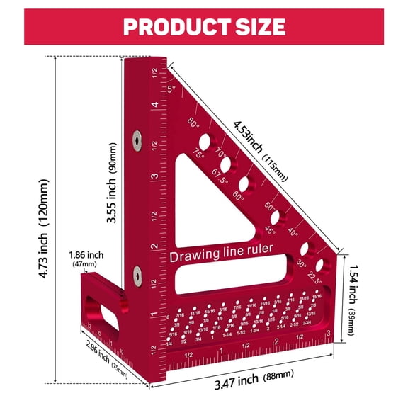 Premium Carpenter Square Hole Scribing Ruler Woodworking Square 22.5-90 Degree Measuring Ruler with Angle Pin,Versatile Multi Angle Square for Woodworking, Engineering, and Construction