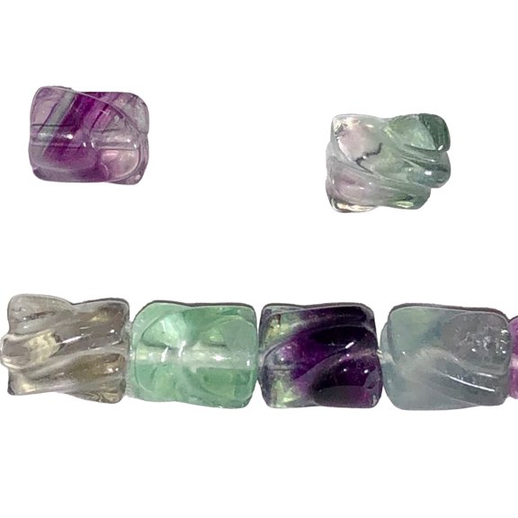 Premium Carved Tube Fluorite Beads | 2 Beads | 10x8mm | Purple/Blue/Green/Clear