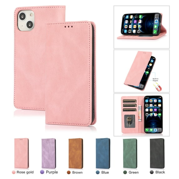 Premium Case for iPhone 13, Vintage PU Leather Wallet Case RFID Blocking Card Slot Kickstand Strong Magnetic Closure Shockproof TPU Interior Flip Folio Classic Book Case For iPhone 13,Rosegold