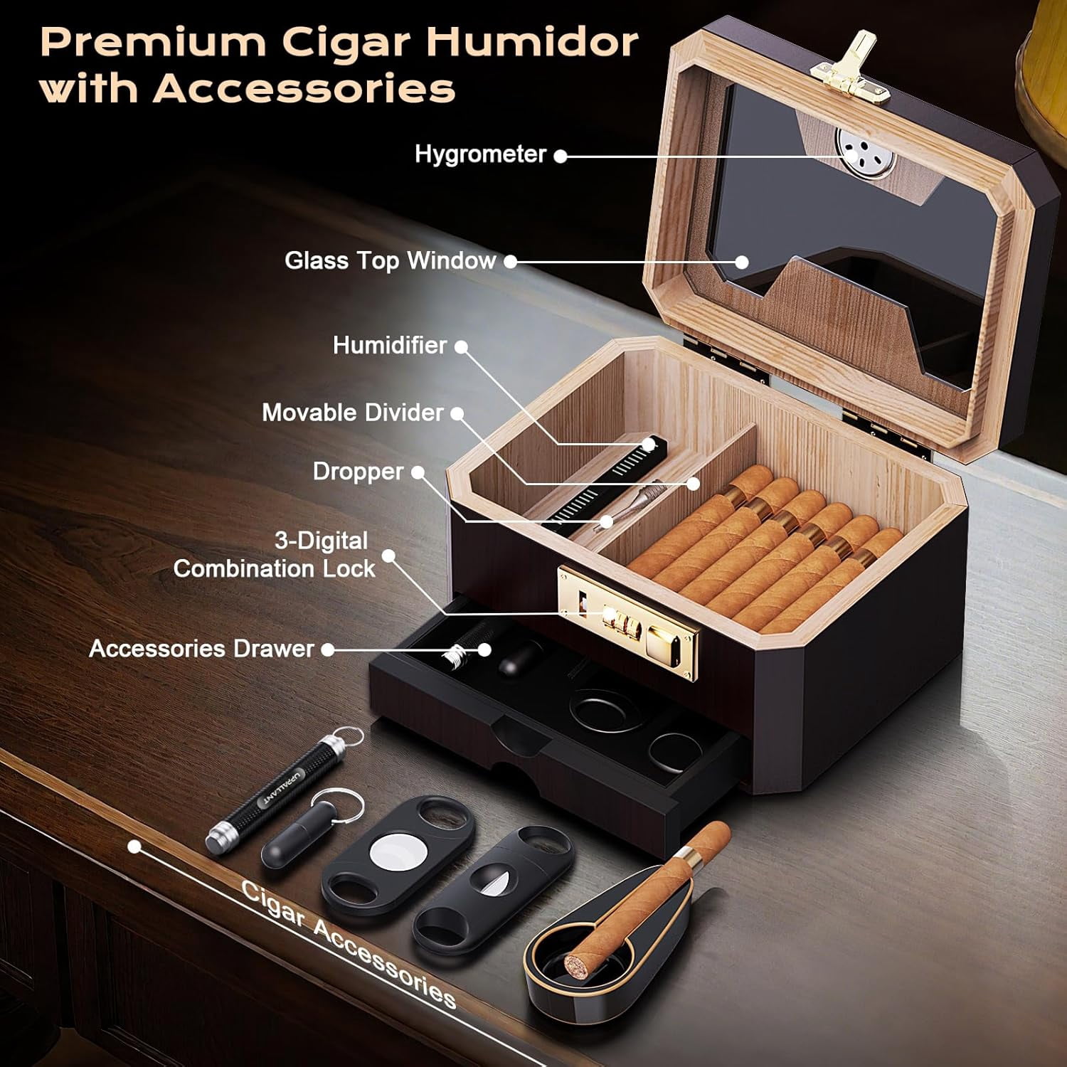 Premium Cedar Wood Cigar Humidor Box with Glass Top, Combination Lock, Hygrometer & Complete Accessories Kit for Men