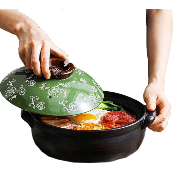 Premium Ceramic Casserole Clay Pot with Lid Round Ceramic Cookware for Cooking Hot Pot Bibimbap and Soup Green 1000ml(1.05Qt)