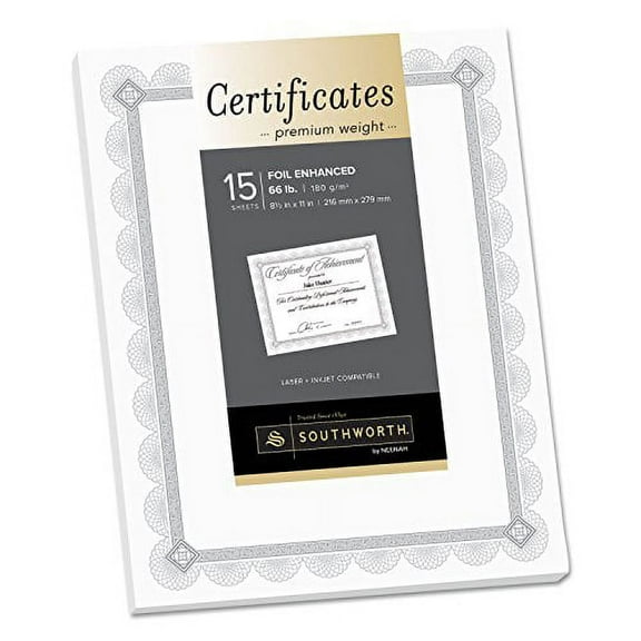 Premium Certificates, 8.5 X 11, White/silver With Spiro Silver Foil Border,15/pack | Bundle of 5 Packs
