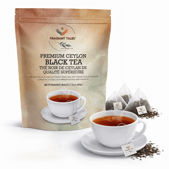 Premium Ceylon Black Tea | 60g (2.12 oz) – 30 Pyramid Tea Bags | Whole Leaf Ceylon Tea from Sri Lanka (Ceylon) | Bold & Bright Flavor with Delicate Hints of Fruit & Spice | Fragrant Tales
