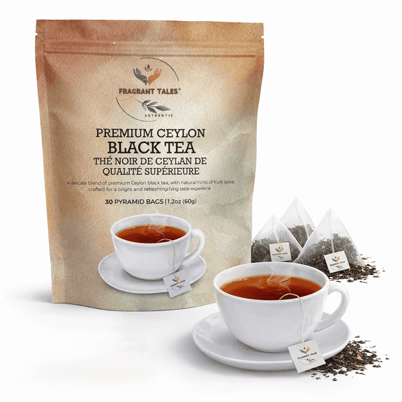 Premium Ceylon Black Tea | 60g (2.12 oz) 30 Pyramid Tea Bags | Whole Leaf Ceylon Tea from Sri Lanka (Ceylon) | Bold & Bright Flavor with Delicate Hints of Fruit & Spice | Fragrant Tales