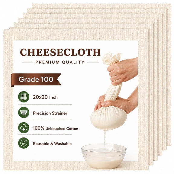 Premium Cheesecloth (6 Pcs) 100% Unbleached Cotton, Grade 100 Fine Mesh Strainer Cloth 20x20 Inch Reusable Muslin Cloth for Paneer, Cheese (Pack of 6)