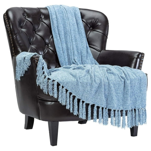 Premium Chenille Fringe Throw Blanket - Velvet Soft Throw Blanket with Shimmer and Tassels - 50" x 65 - Cerulean