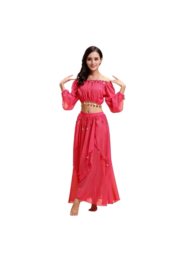 Premium Chiffon Belly Dance Costume For Performances 2 Piece Set Including Long Sleeve Top And Matching Skirt