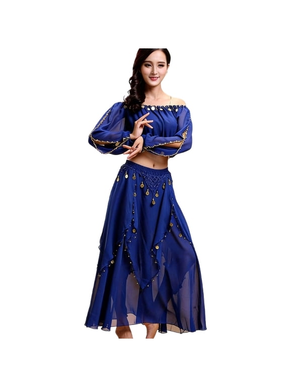 Premium Chiffon Belly Dance Costume For Performances 2 Piece Set Including Long Sleeve Top And Matching Skirt