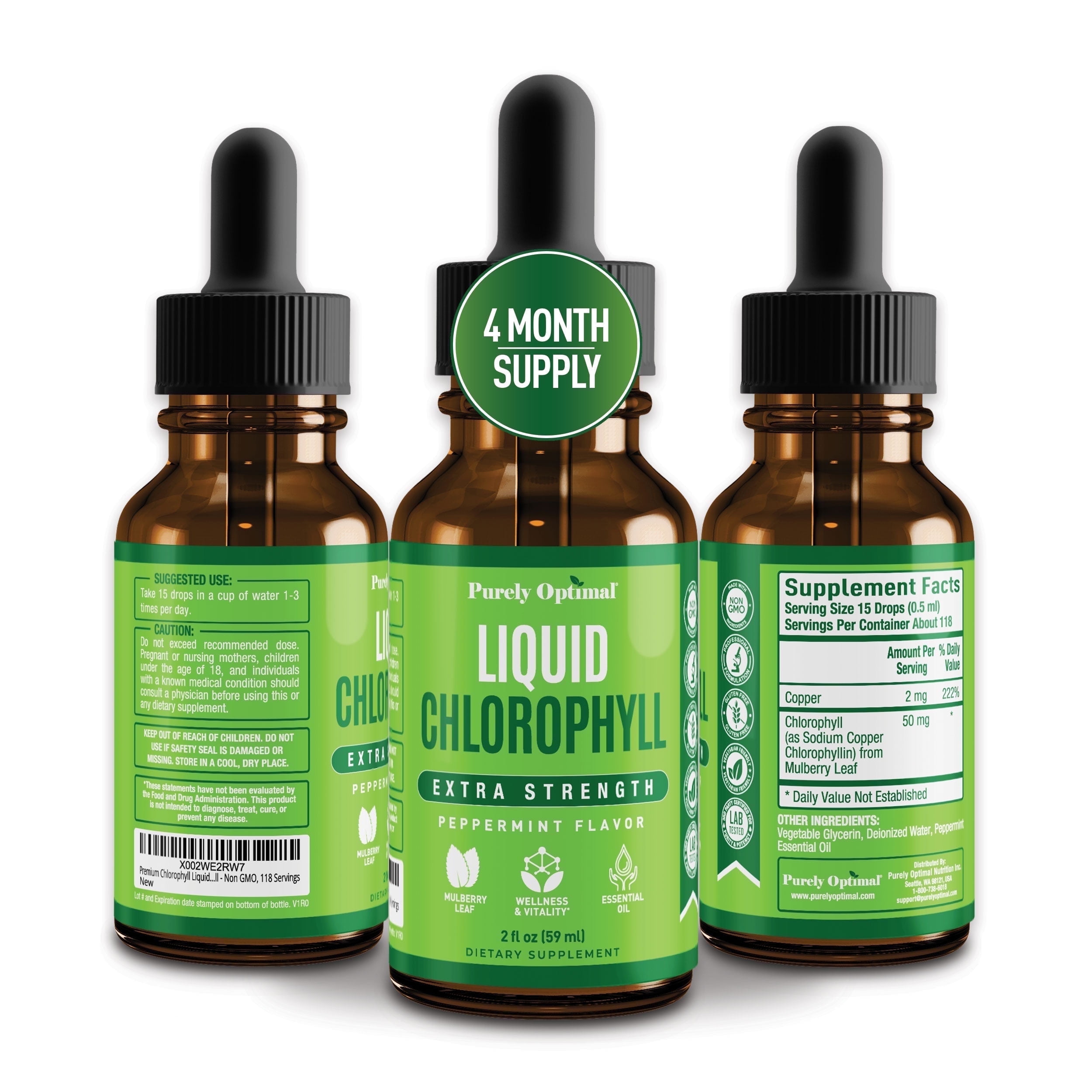 Purely Optimal Liquid Chlorophyll Drops for Healthy Skin, Energy Boost, Gut, Detox - Peppermint, 118 Servings