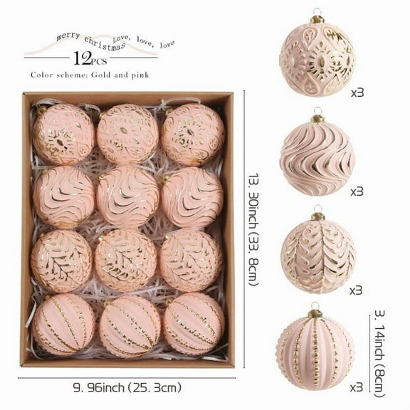 Premium Christmas Baubles Set of 12 - 8cm Shatterproof Holiday Ornaments for Xmas Tree Decor with Embossed Metallic Gold Patterns, Festive Party & Home Decoration Gift for Holiday Season